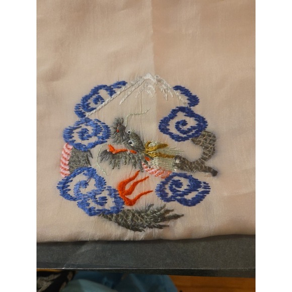 Other - Vintage Hand Embroidered Silk Table Runner Asian Dragon Floral Mid Century